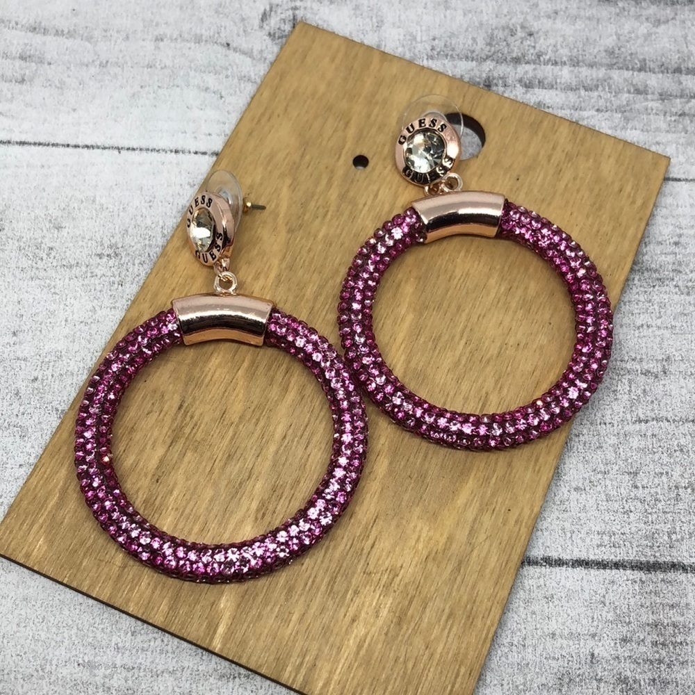 Guess logo pink rhinestone hoop dangle earrings statement.